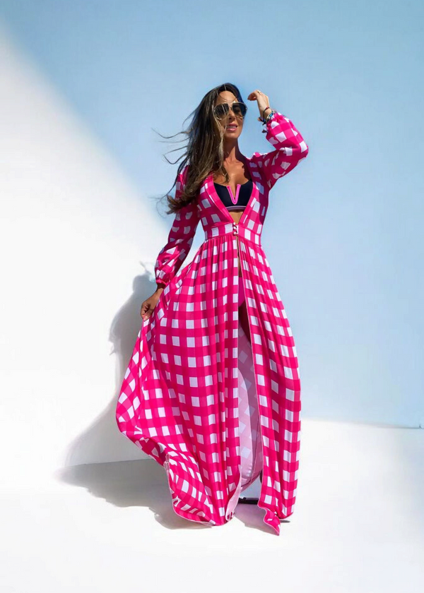 Kimono de plage rose à carré <br> Isaline